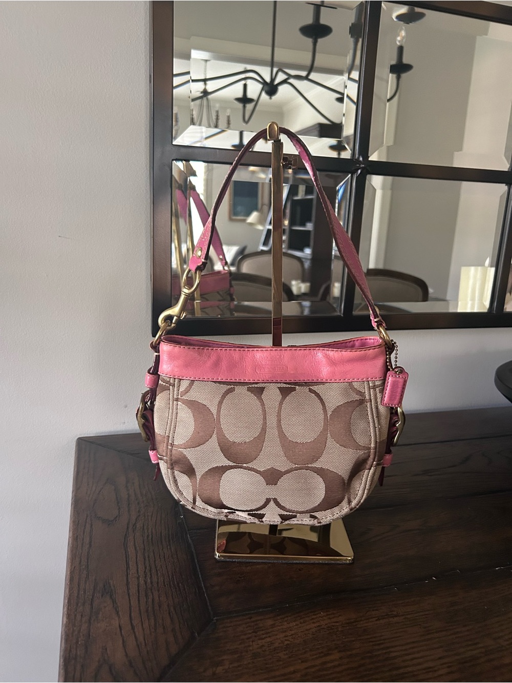 Coach mini Zoe with gold hardware and pink leather trim